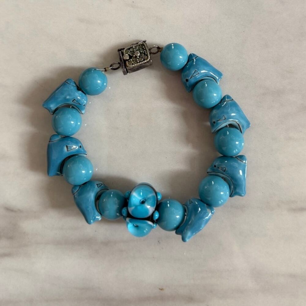 Vintage Blue Round Bead & Dolphin Bead Sterling 925 Scroll Clasp Bracelet